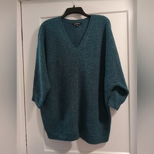 Ellen Tracy V Neck Sweater Teal Turquoise Heather 3/4 Sleeves EUC